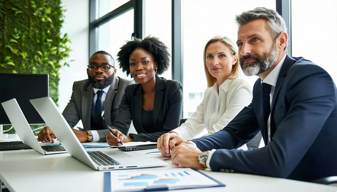A diverse group of business people at an office table.
