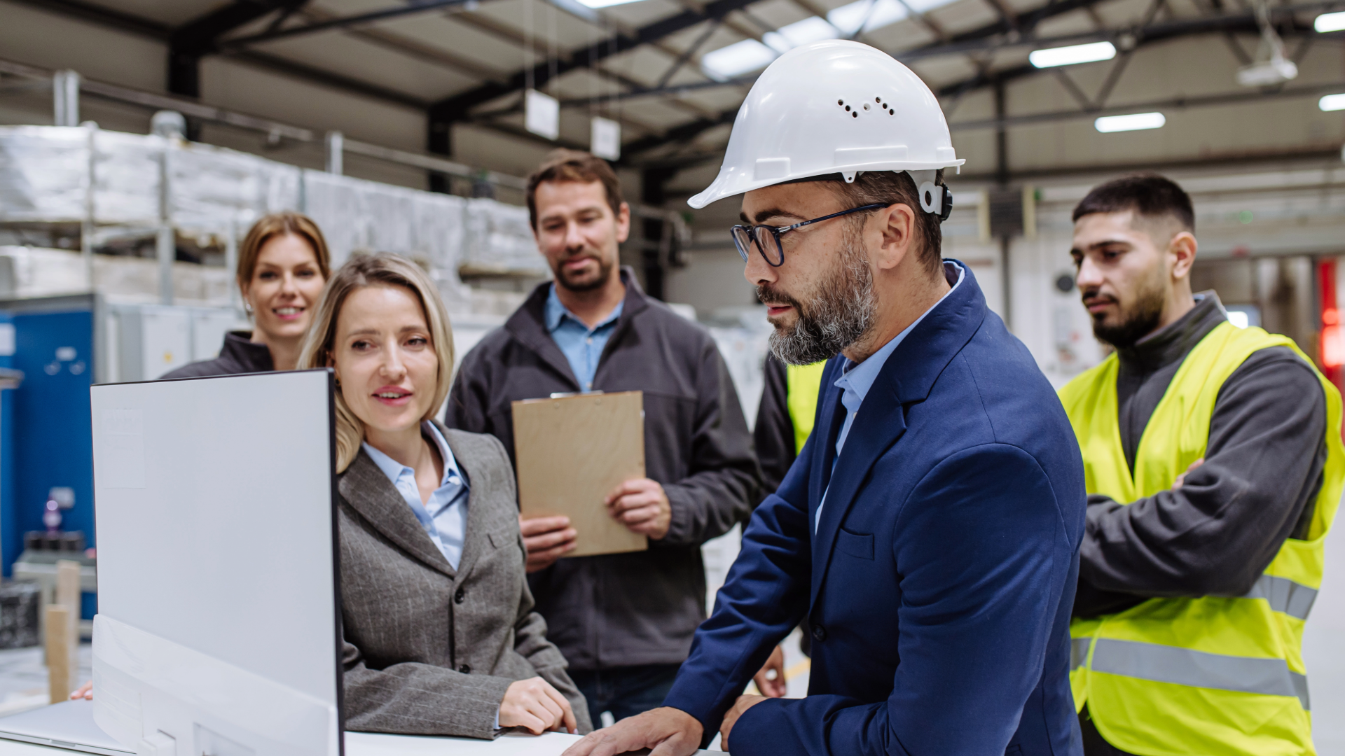A person in a hard hat looks at a computer screen while their colleagues watch.