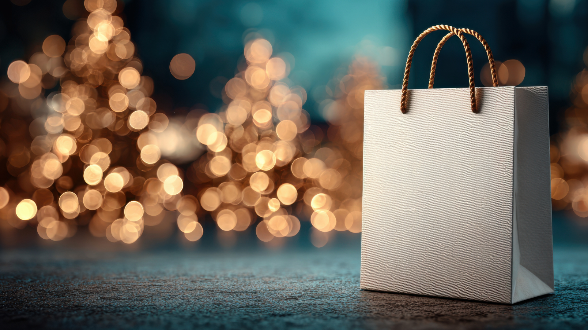 A shopping bag sits in front of seasonal lights.